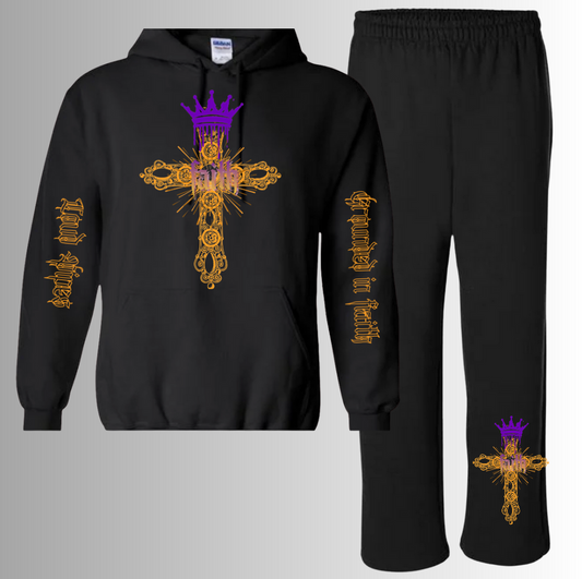 Grounded in Faith Hooded Sweatsuit - Orange / Purple