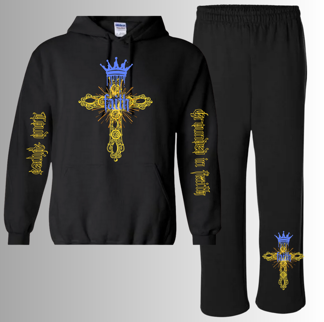 Grounded in Faith Hooded Sweatsuit - yellow / blue